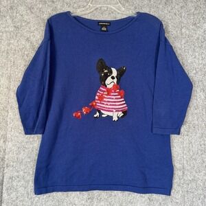 Lauren Michelle Sequin Dogs Holiday Sweater Womens Medium Plaid Love Blue Animal